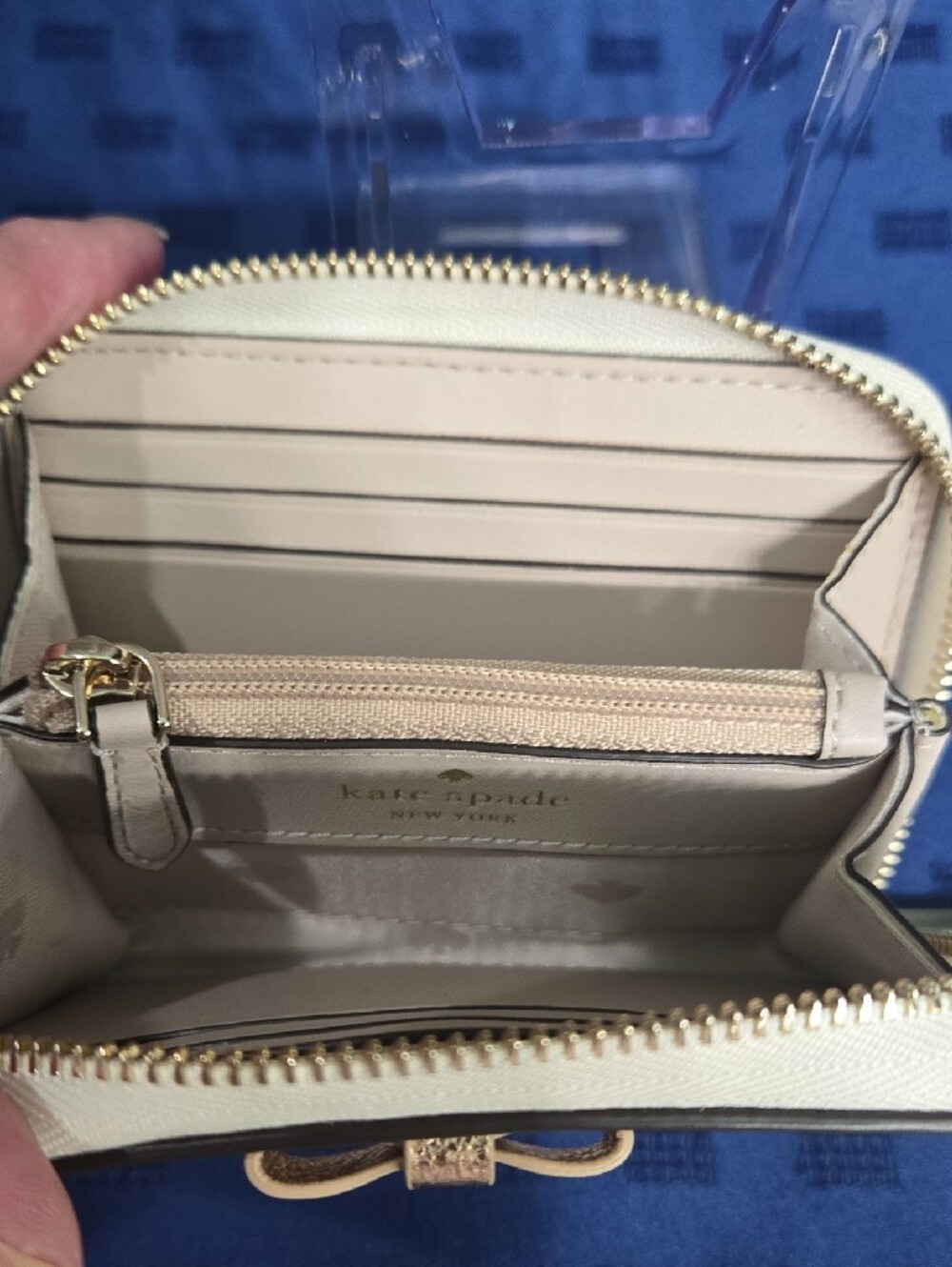 kate spade Cream Zip-Around Wallet with Gold Glitter Polka Dots and Bow Accent - Picture 4 of 9